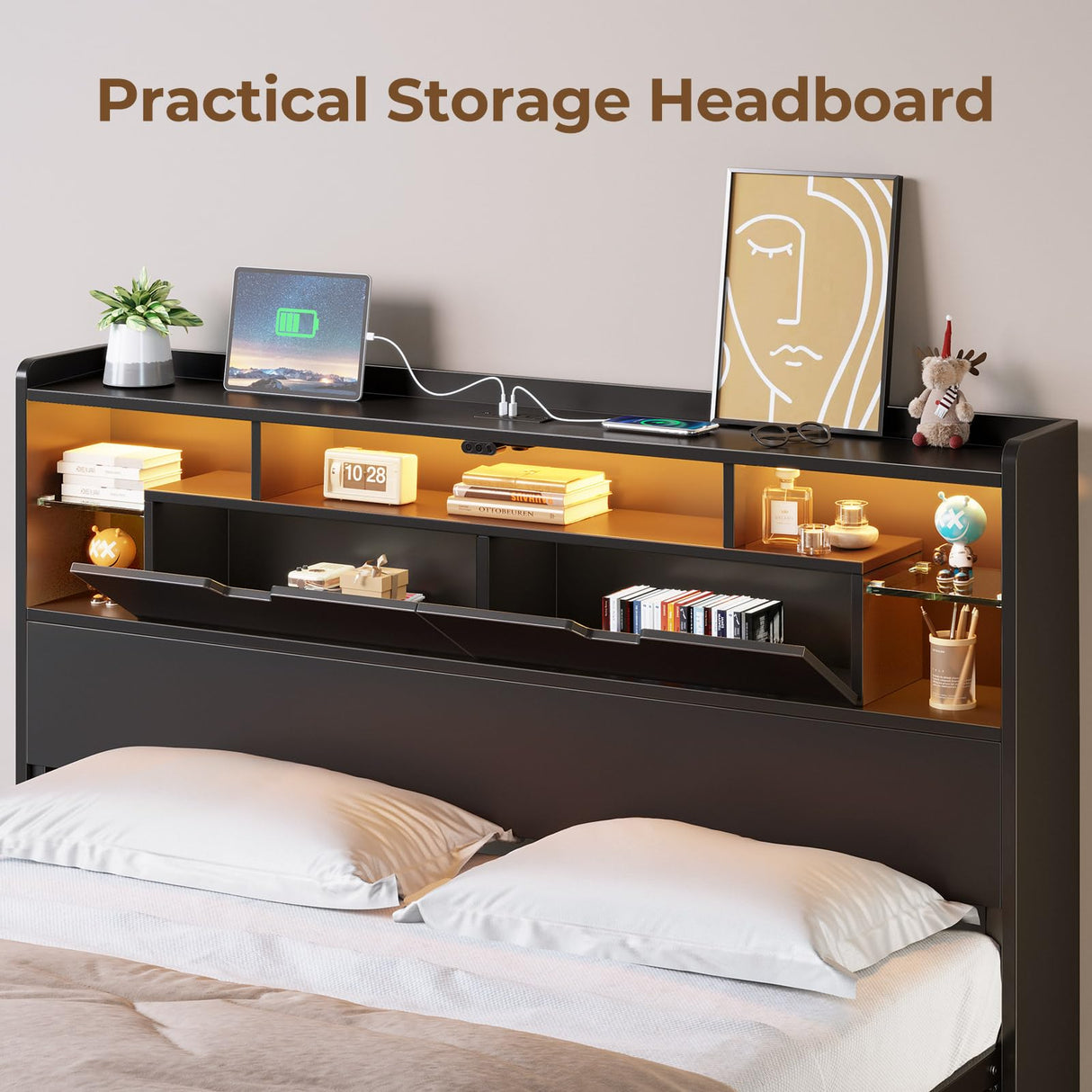 Full Size LED Bed Frame with Charging Station and Storage