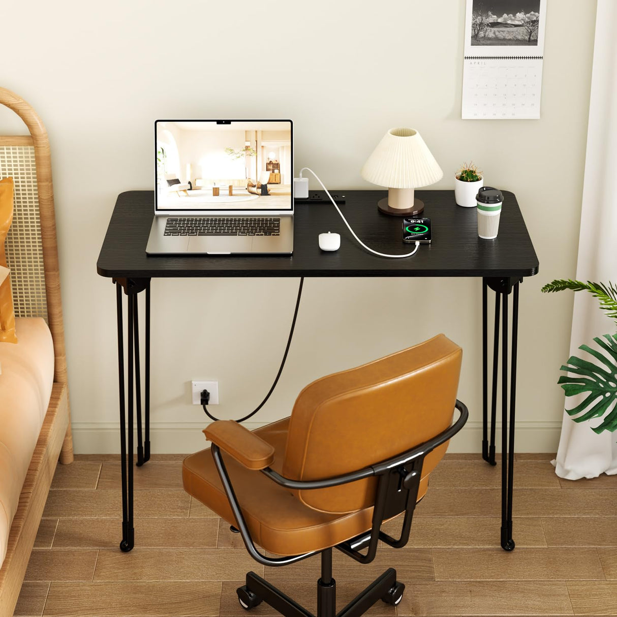 Folding Desk, 31.5" Hairpin Legs Small Desk with Power Strip for Bedroom