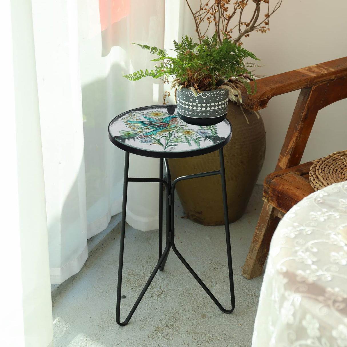 VCUTEKA Patio Side Table Outdoor Accent Table Bistro Coffee Table Plant End Table Small Porch Table Indoor Round Glass Balcony Plant Table Stands Golden Transparent Hummingbird 12 inches - Bircata