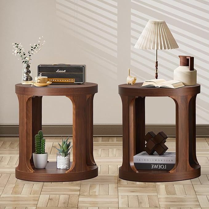 Round Side Table with 2-Tier Storage, Accent Sofa Table