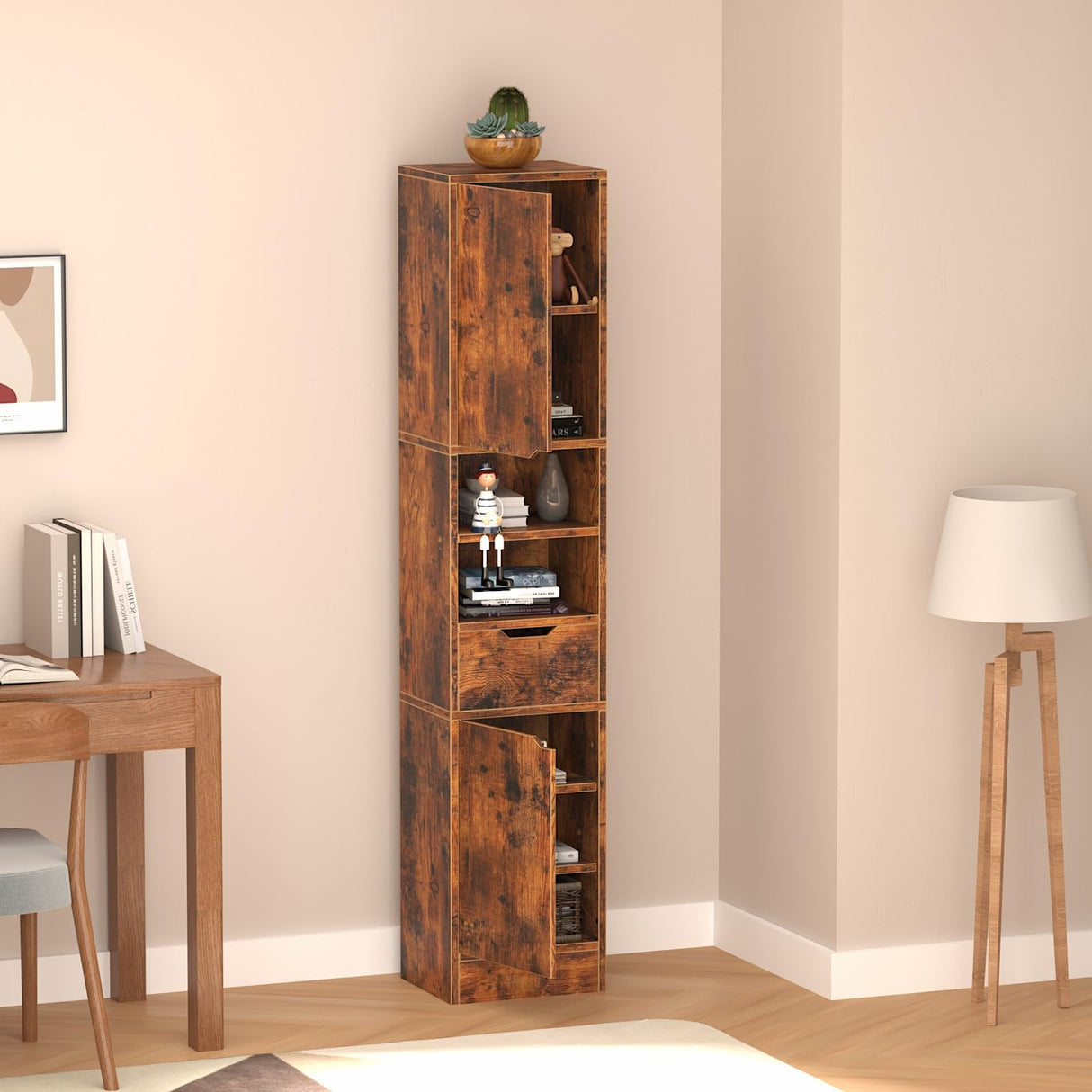 8 Tier Wooden Bookcases and Bookshelves, 67'' Tall Bookcase with 2 Doors and 1 Drawer,