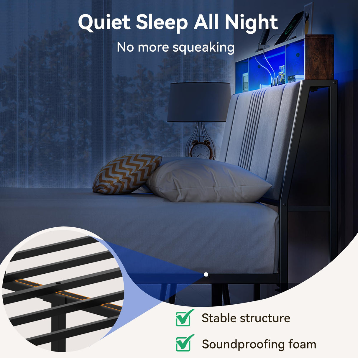 Full Size Upholstered Platform Bed with LED Lights and Charging Station