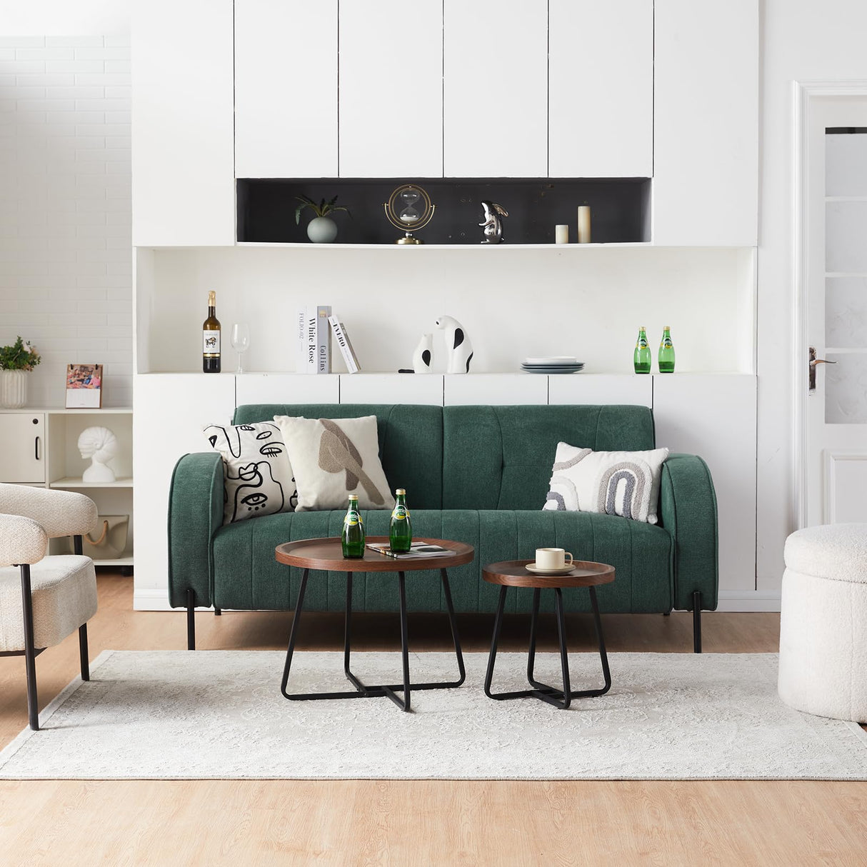 Round Coffee Table Set of 2, Nesting Walnut Coffee Table with Metal Legs