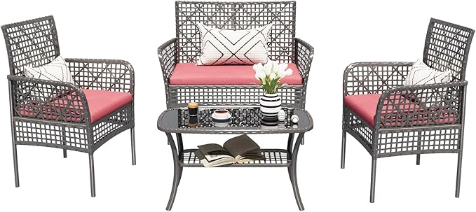 4 Pieces Outdoor Patio Furniture Set,PE Rattan Wicker Garden Conversation Chairs