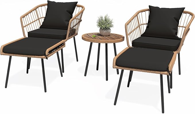 5 Piece Patio Bistro Set, Outdoor Wicker Conversation Set with Ottomans and Side Table