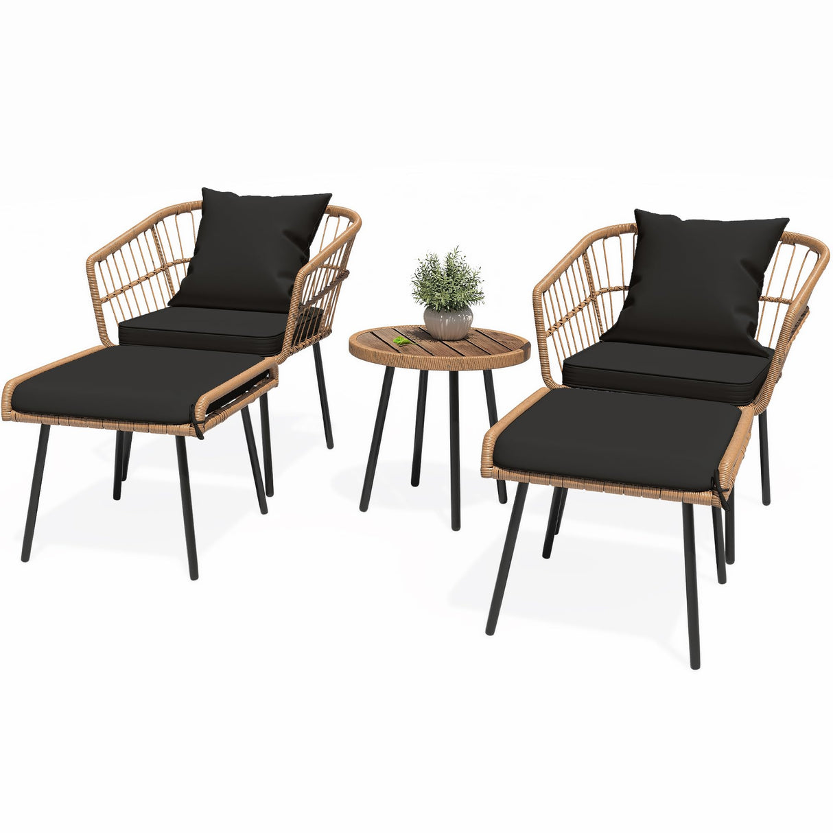 5 Piece Patio Bistro Set, Outdoor Wicker Conversation Set with Ottomans and Side Table