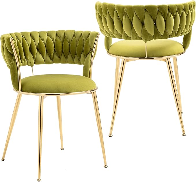 Modern Velvet Dining Chairs Set of 2 Hand Weaving Accent Chairs Living Room Chairs