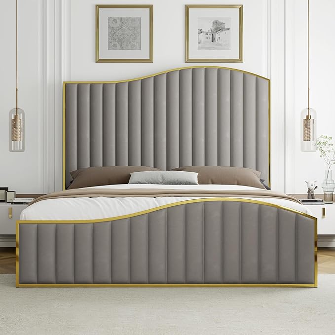 Queen Size Harp Bed Frame, Velvet Upholstered Platform Bed