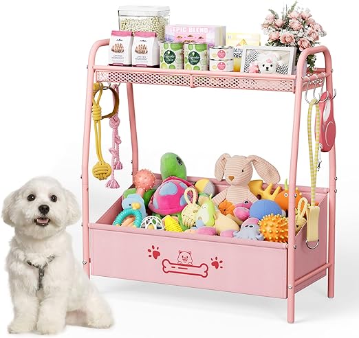 Large Dog Toy Storage Basket with Shelf & Hooks - 23.6" Organizer