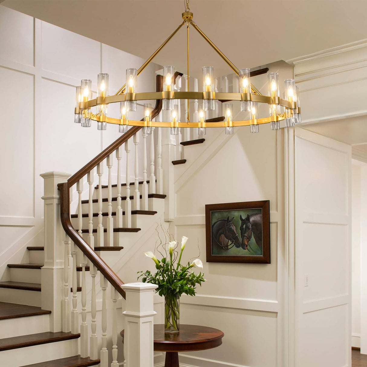 20-Light Large Gold Wagon Wheel Chandelier with Glass Shades