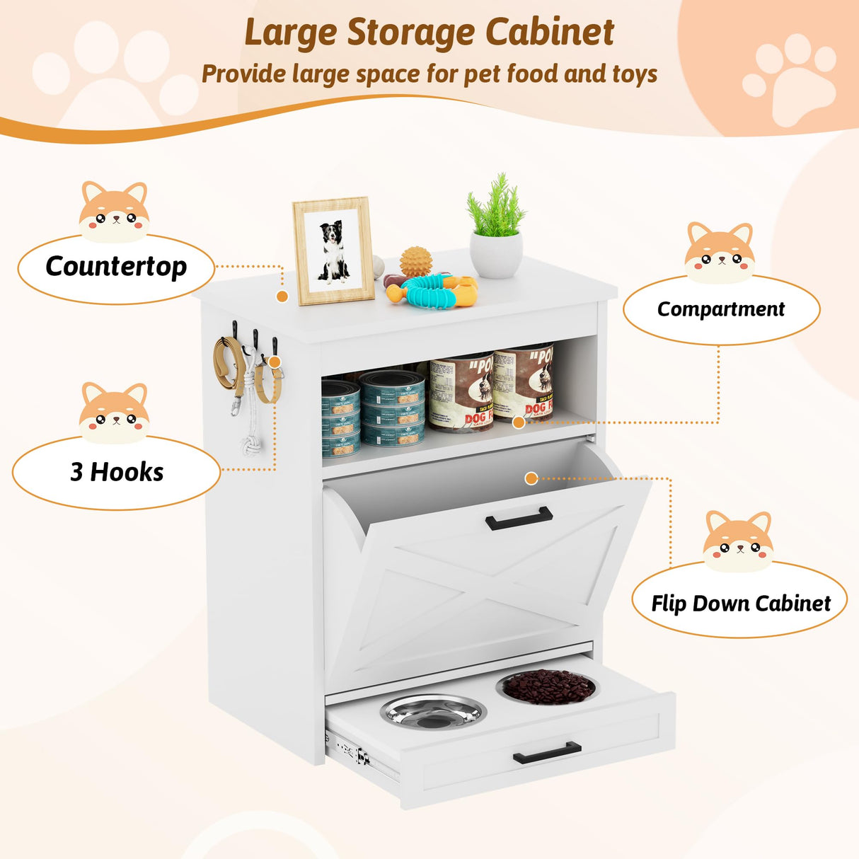 Dog Food Storage Cabinet with Elevated Bowls