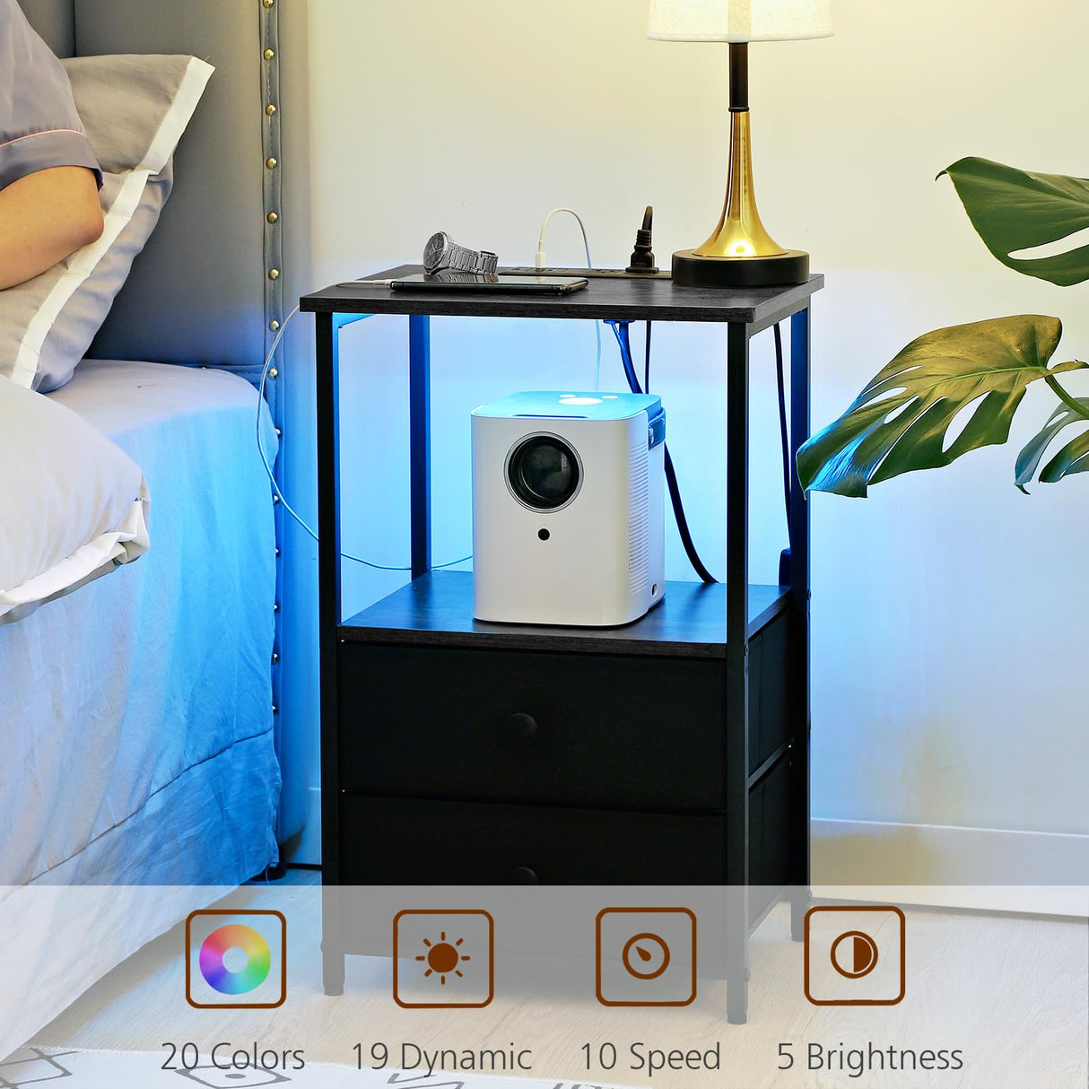 Night Stand Set 2, LED Nightstand with Charging Station