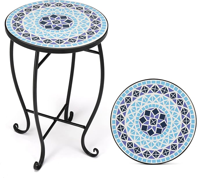 Mosaic Outdoor Side Table, 14" Round End Table, Accent Table, Plant Stand Ideal