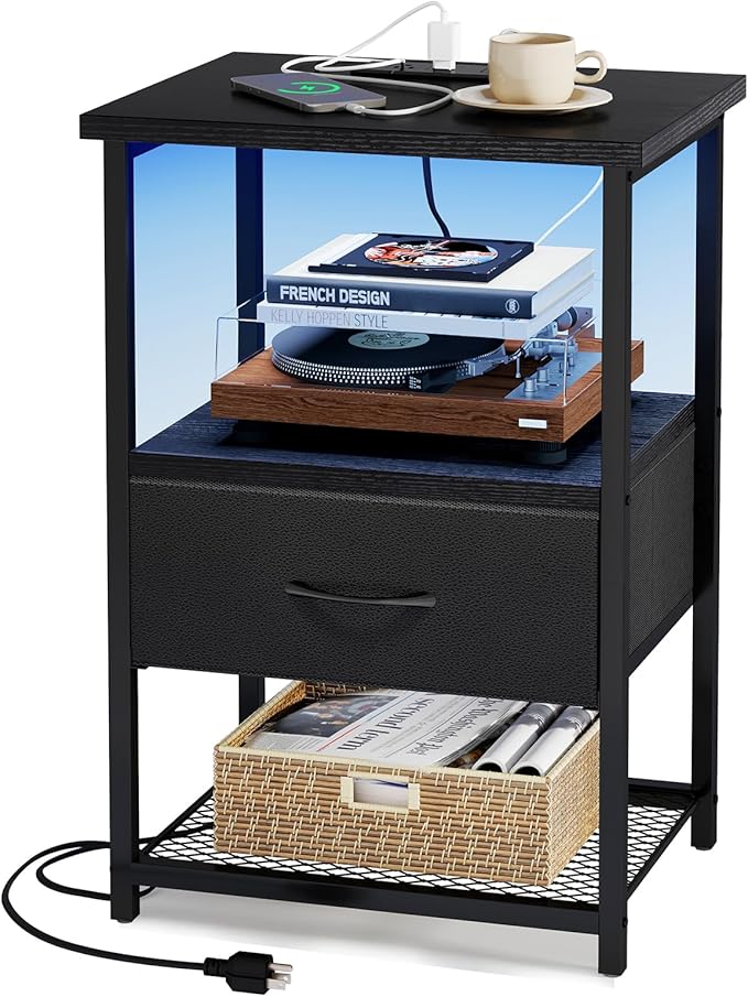 Night Stand Set of 2 with Charging Station, LED Nightstand