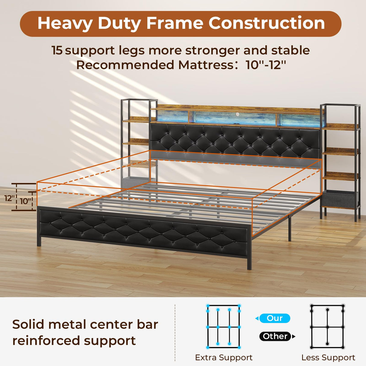 Bed Frame King Size with Bookcase Storage Headboard and Charging Station King