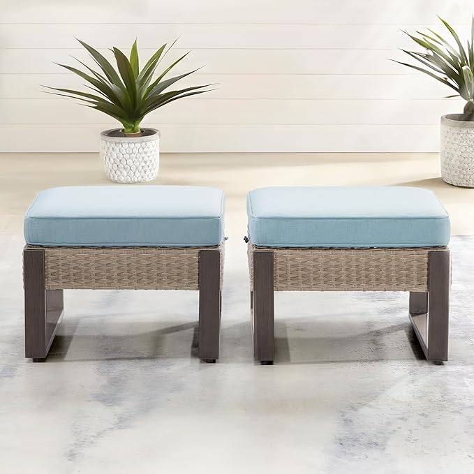 Outdoor Patio, All-Weather PE Rattan Ottomans Footstools