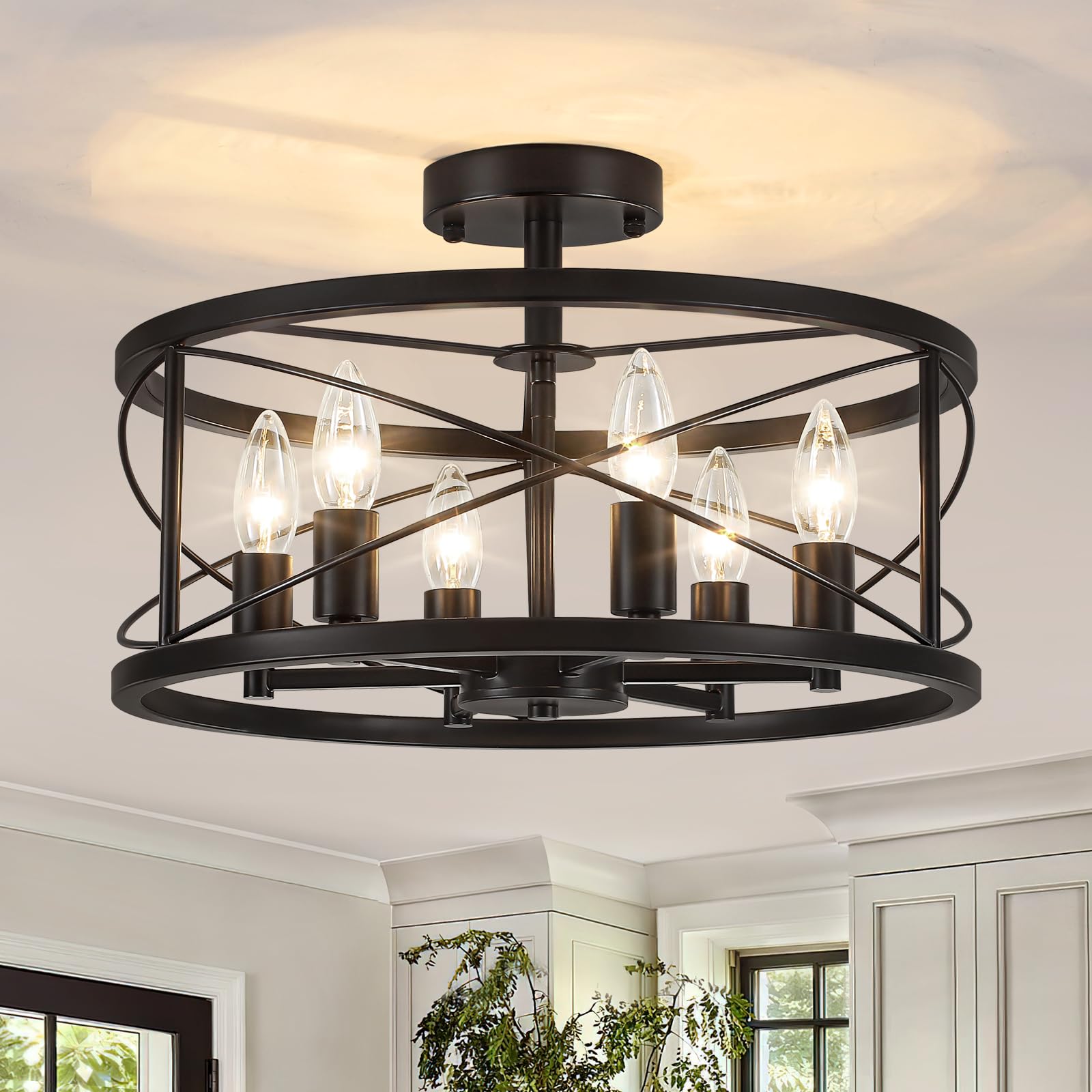 TOULMJ 6-Light Black Semi Flush Mount Ceiling Light, Modern Entryway Light Fixtures, Farmhouse Light Fixtures Ceiling Mount for Kitchen Island Laundry Hallway Dining Room, UL-Listed