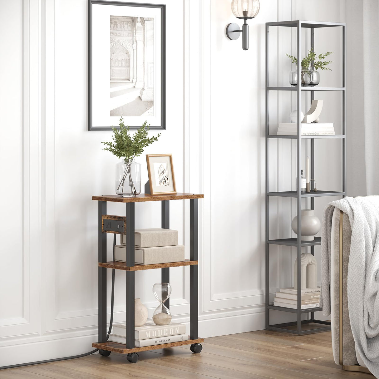 Small Narrow Side Table with Charging Station