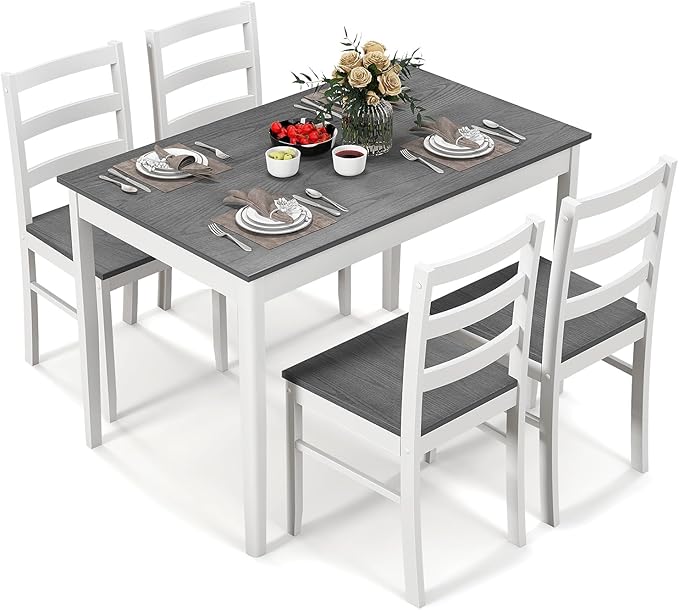 Dining Table Set for 4, Wood Kitchen Table Chairs Set with Rubber Wood Legs, Space