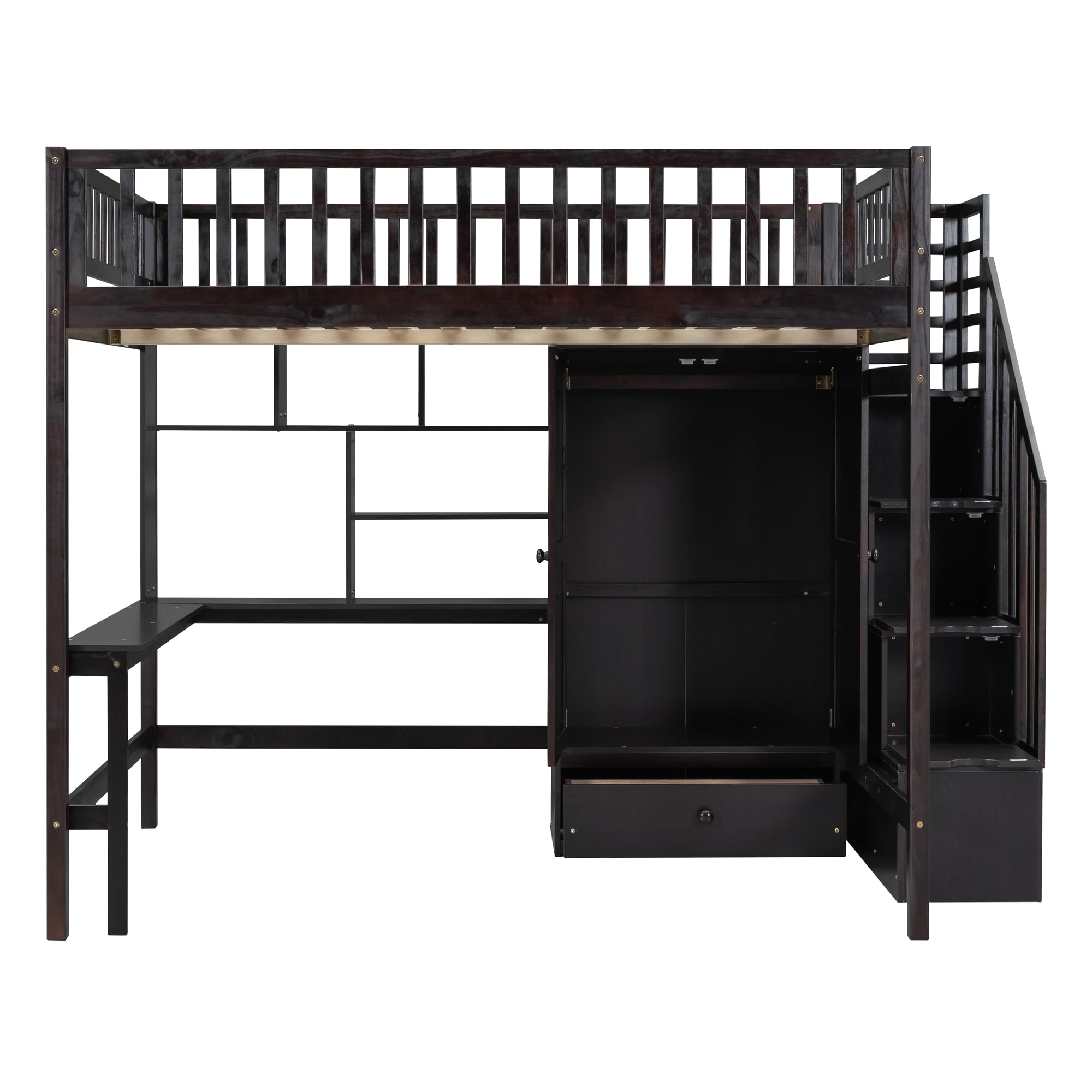Loft Beds Stairway Loft Bed Frame with Wardrobe, Desk, Bookcase and Drawers, Espresso