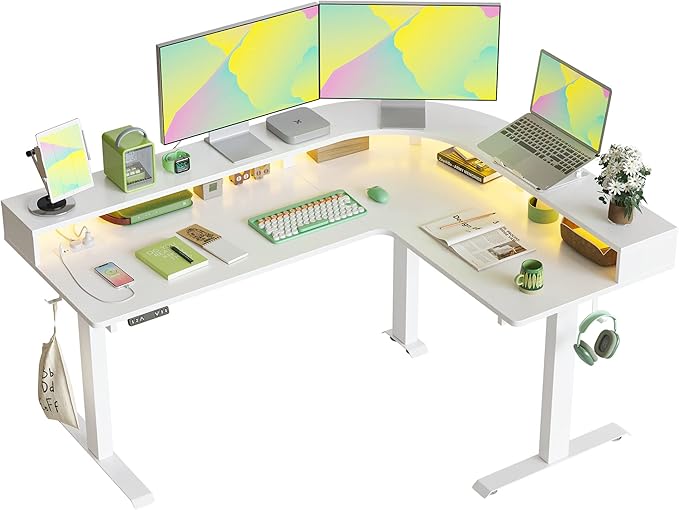 Triple Motor L Shaped Stadning Desk with LED Strip & Power Outrlets,63 inches Height