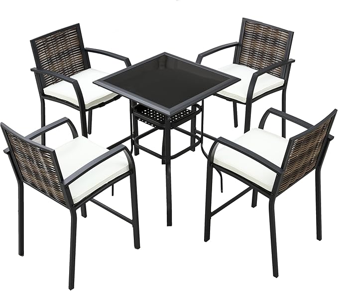 5 PCS Patio Bar Set with 4 Swivel Height Chairs & 1 Square Classic Black Table for Garden