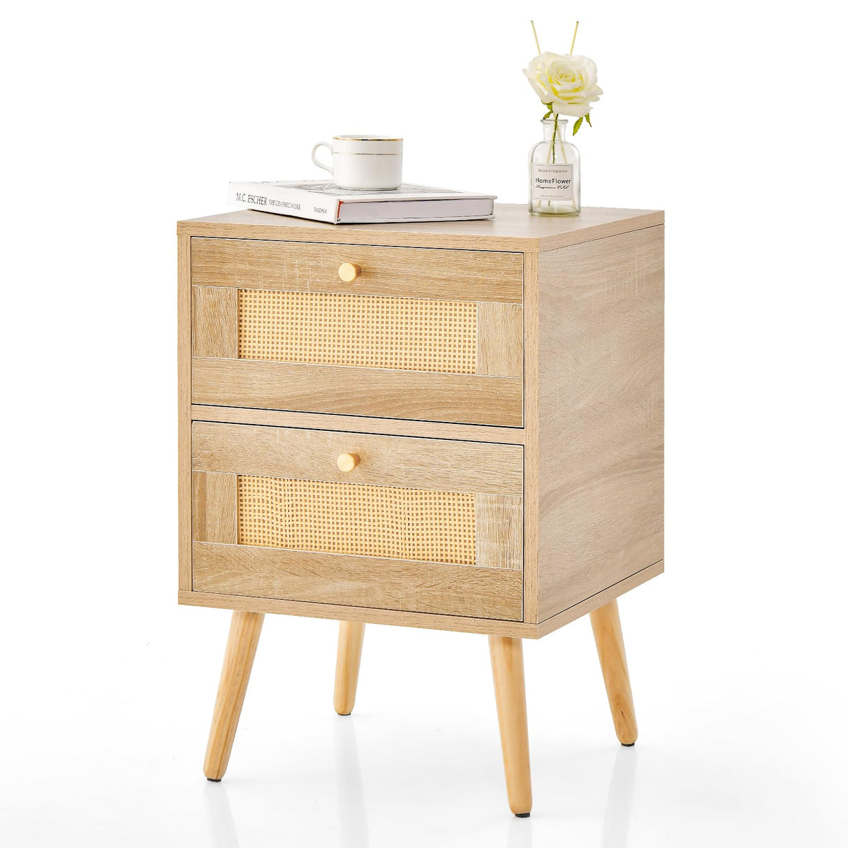 Nightstand, Boho Bedside Table with 2 Storage Drawers, Mid-Century Modern End Table