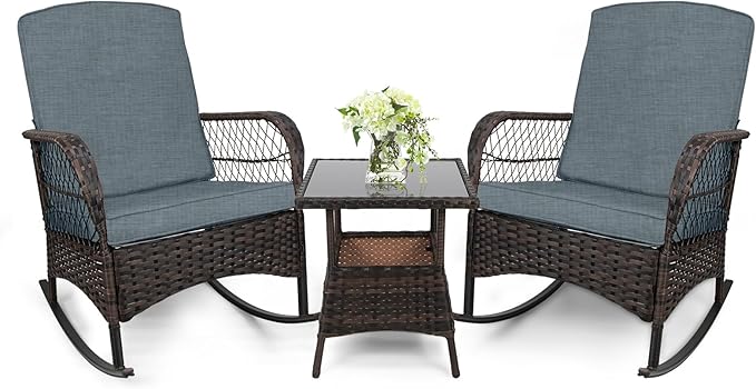 3 pcs Rocking Bistro Set Conversation Chairs PE Wicker Outdoor Rocking Chairs