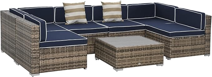7-Piece Patio Furniture Set, Outdoor Wicker Conversation Set, All Weather PE Rattan Sectional Sofa Set with Cushions and Faux Wood Table, Stripe Pillows, Beige