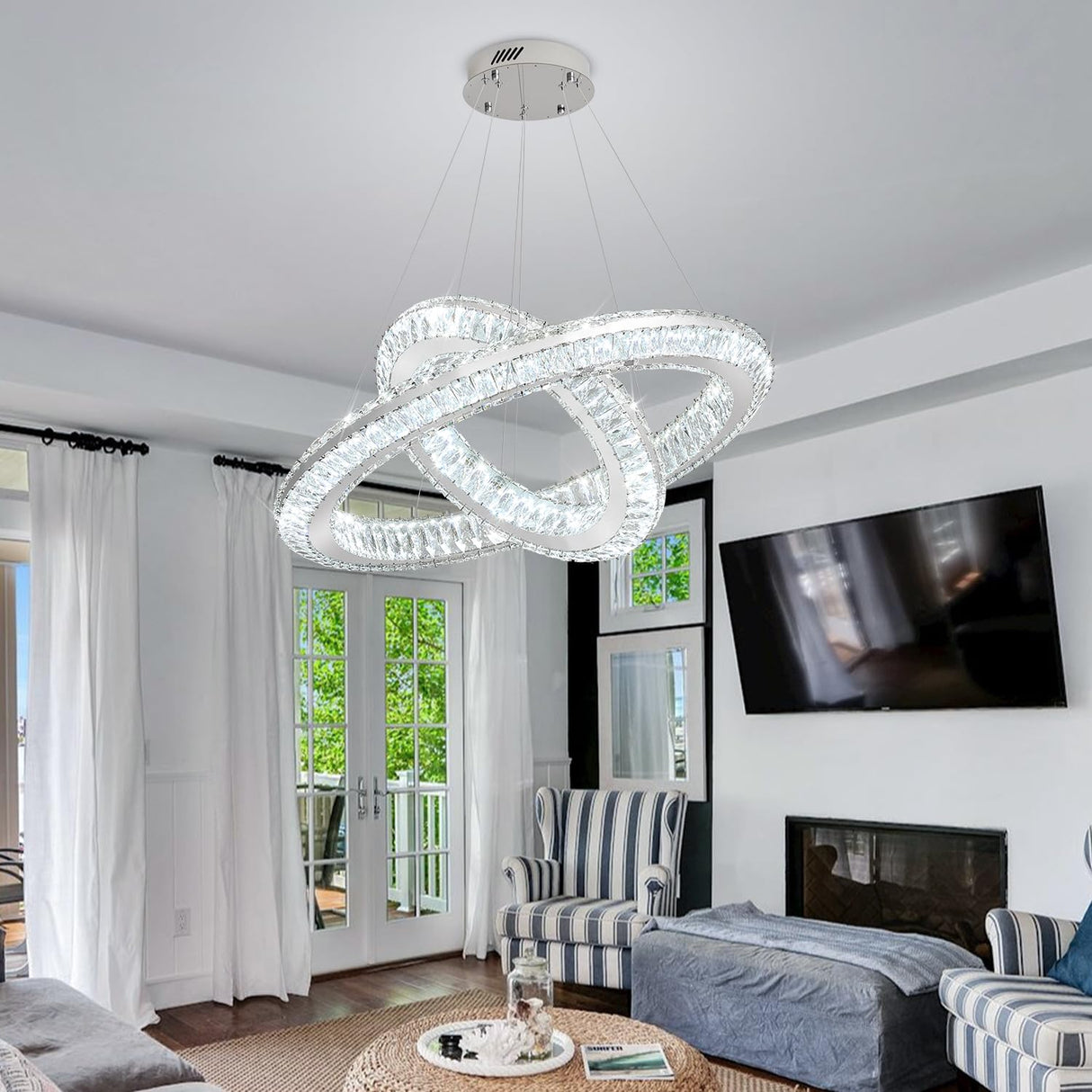 Flashing God 2 Ring Chandelier Modern Crystal Chandeliers LED Pendant Lights Silver Ring Chandelier for Bedroom Dining Room High Ceiling Foyer