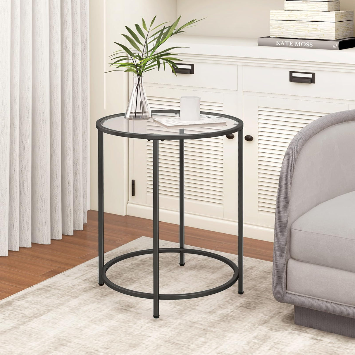 19.7’’ Round Glass End Table, Round Bedside Table with Tempered Glass Top