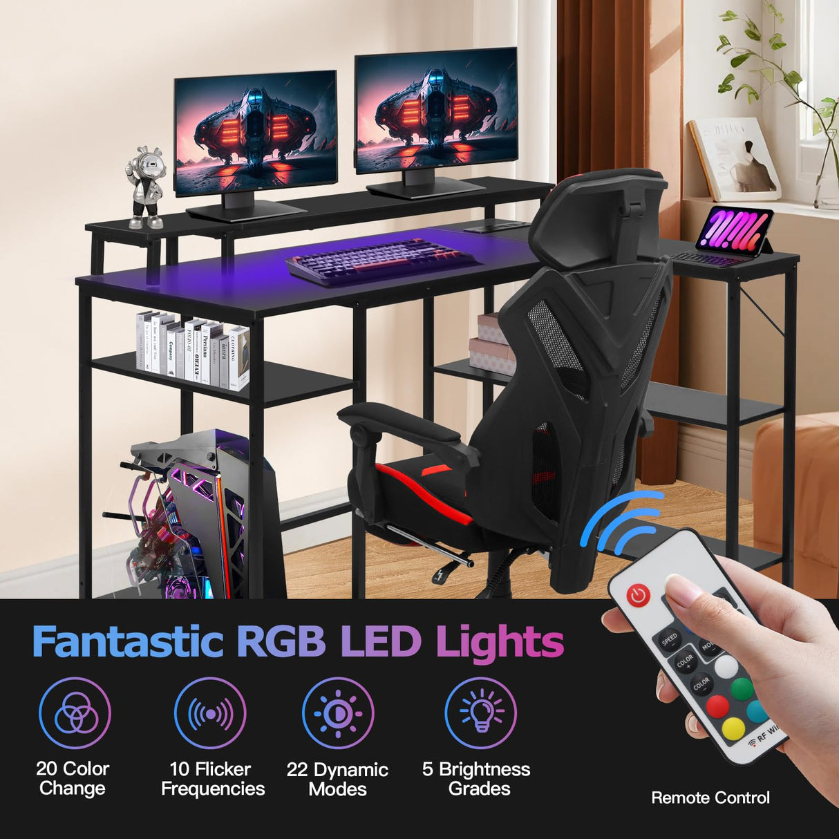 L Shaped Gaming Desk with LED Lights & Power Outlets, Reversible Computer Desk