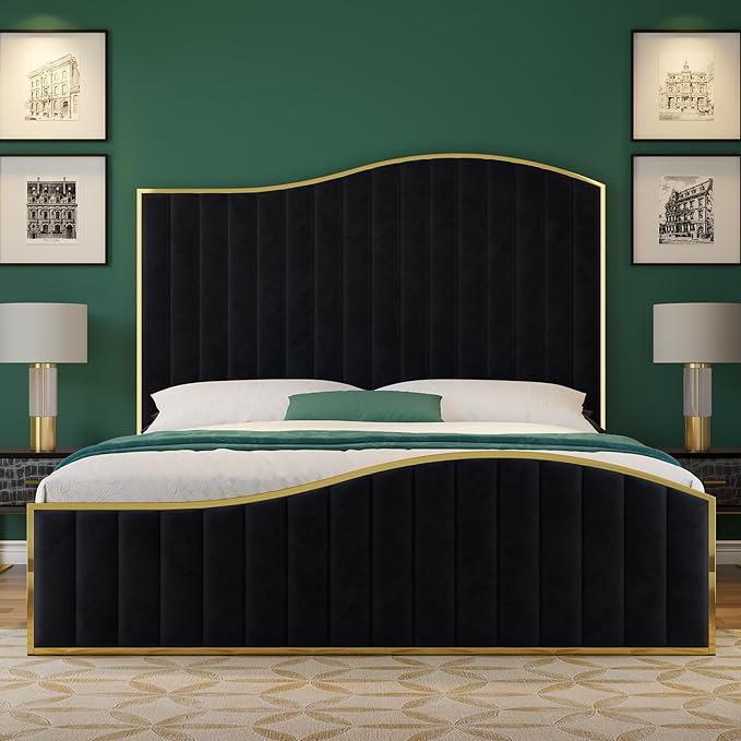 Queen Size Harp Bed Frame, Velvet Upholstered Platform Bed