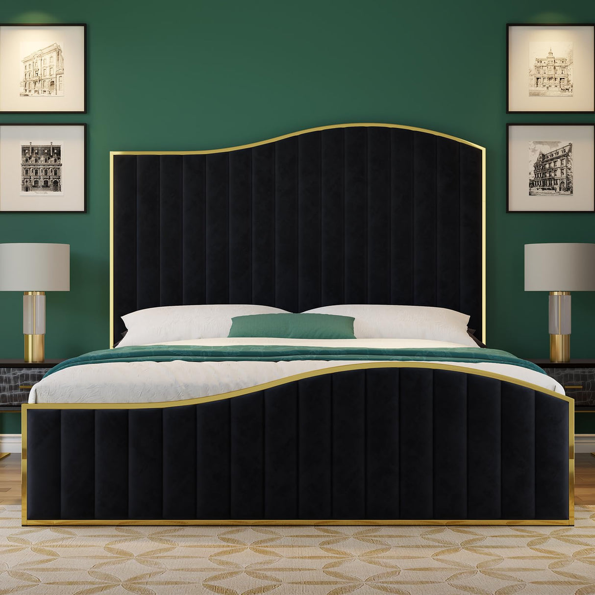 Queen Size Harp Bed Frame, Velvet Upholstered Platform Bed