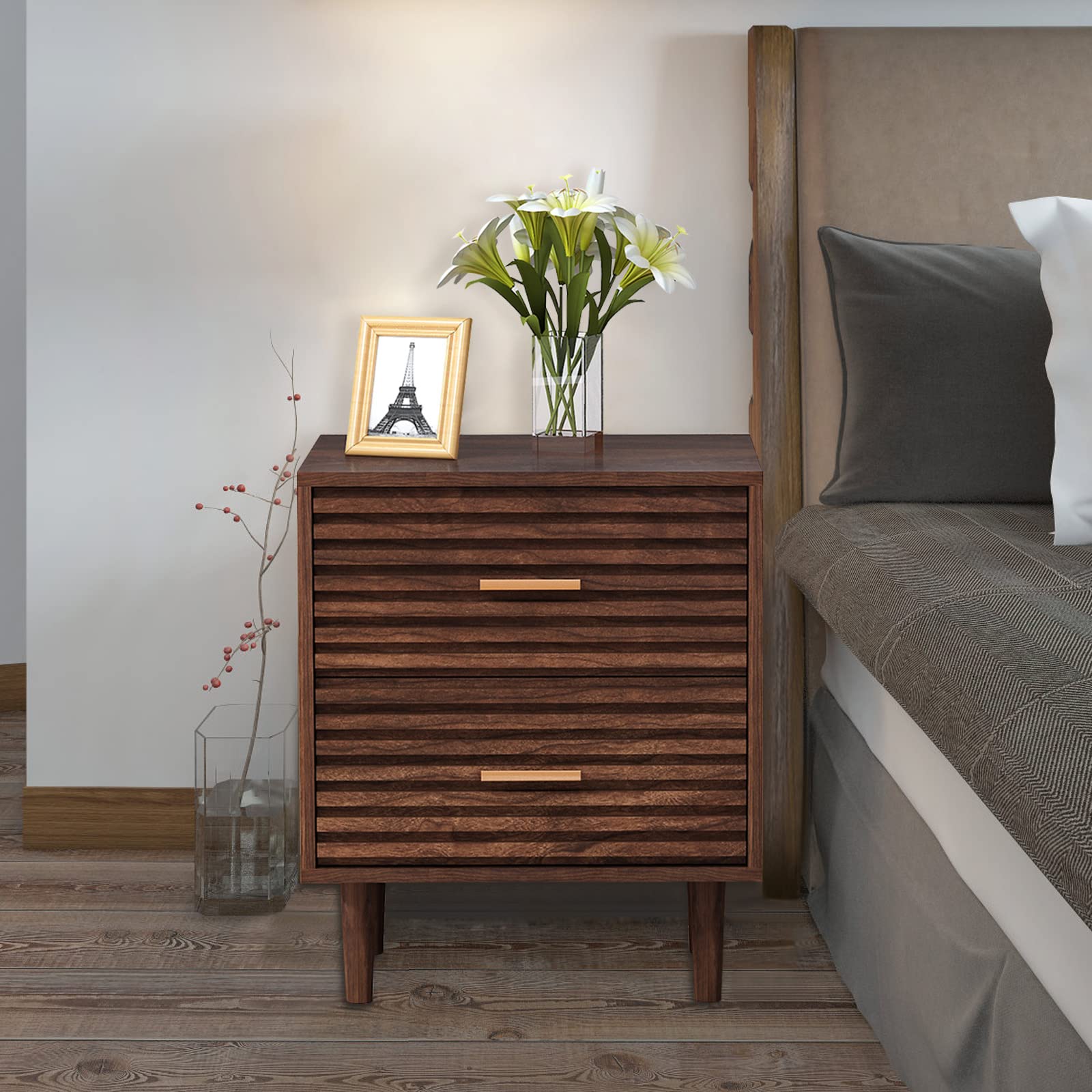 Nightstands Set of 2 End Table with 2 Drawers, Bed Side Table for Bedroom, Mid Century Modern Side Table with Storage Vintage Wood Accent Table for Living Room, Rustic Brown (2 Pack)