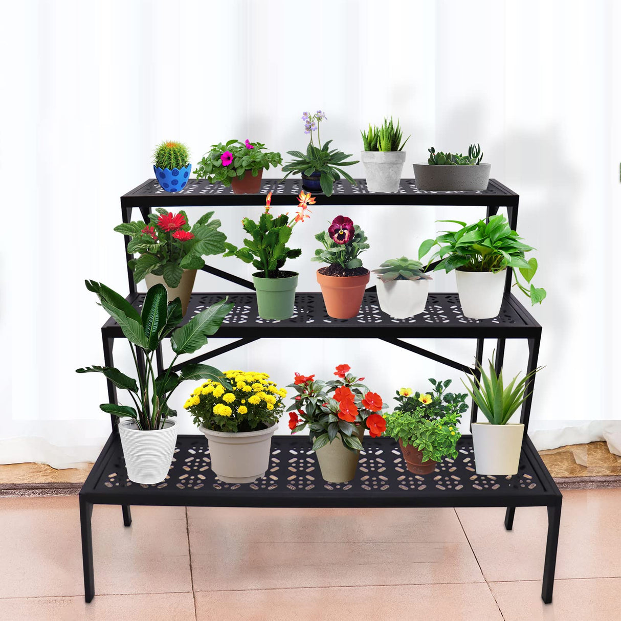 aboxoo 3 Tiers Metal Plant Stand, Ladder Flower Pots Holders, Step Display Rack, Heavy Duty Utility Storage Organizer Rack for Home Garden Patio Balcony, Stair Style Stand