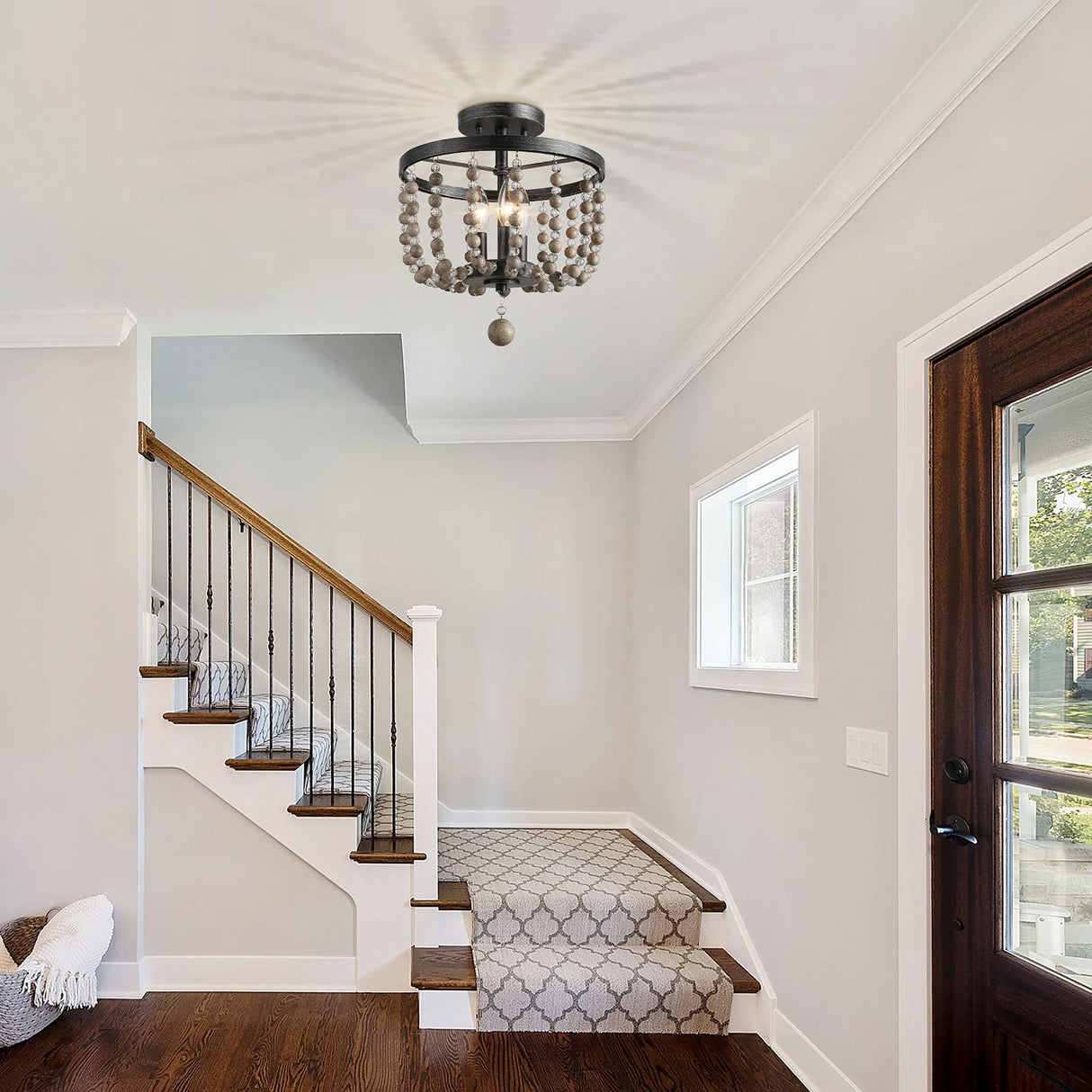 LALUZ Ceiling Light Fixture, 3-Light Bohemian Lighting for Entryway, Foyer, Distressed Wood Bead Chandelier, Dark Silver Brushed, 12 D” x 13.6” H