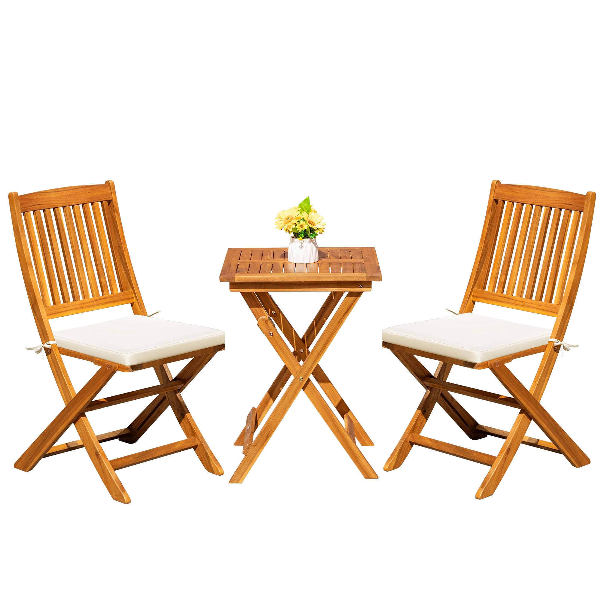 3 Piece Patio Folding Furniture Bistro Set with 2 cushions for Pool Beach Backyard Balcony