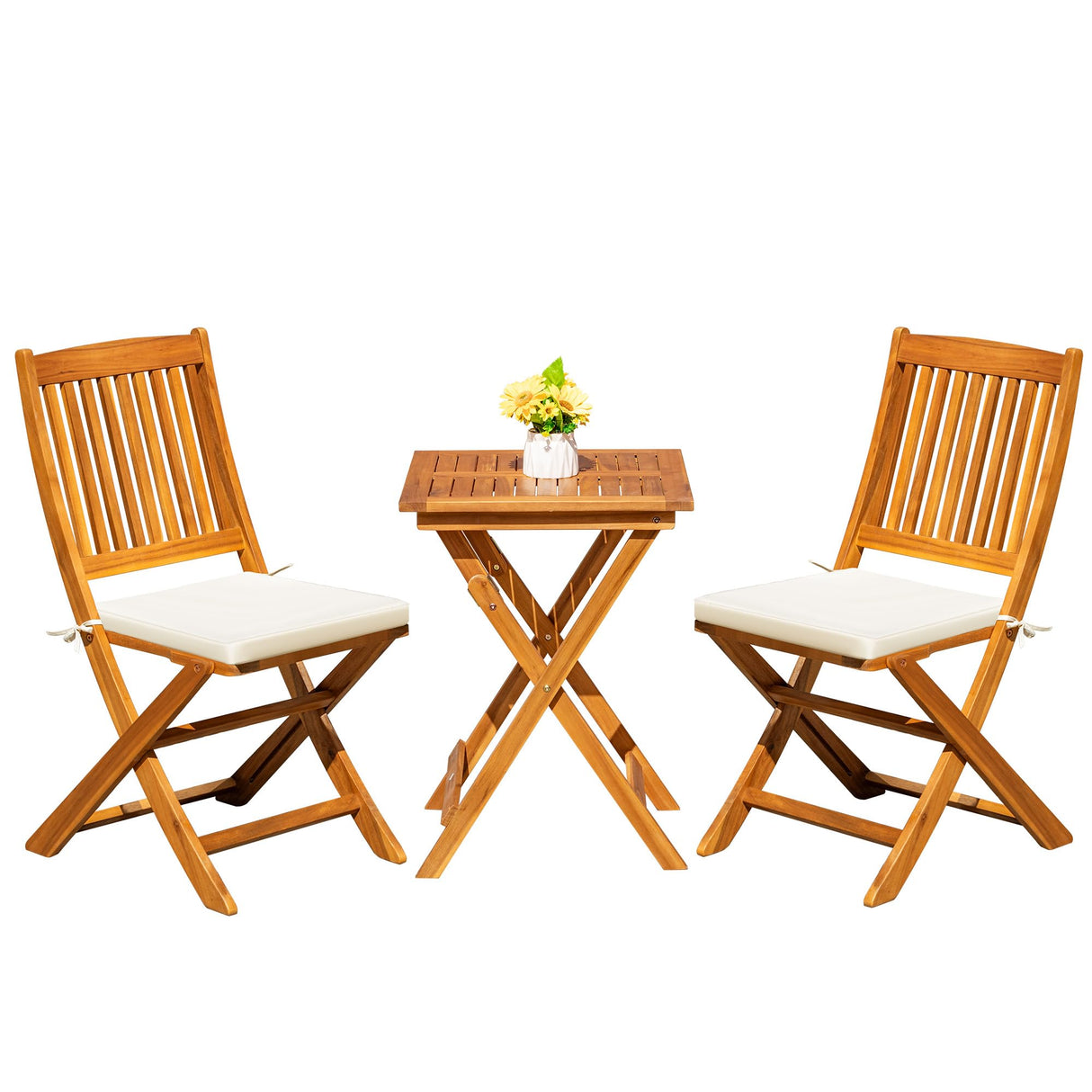 3 Piece Patio Folding Furniture Bistro Set with 2 cushions for Pool Beach Backyard Balcony
