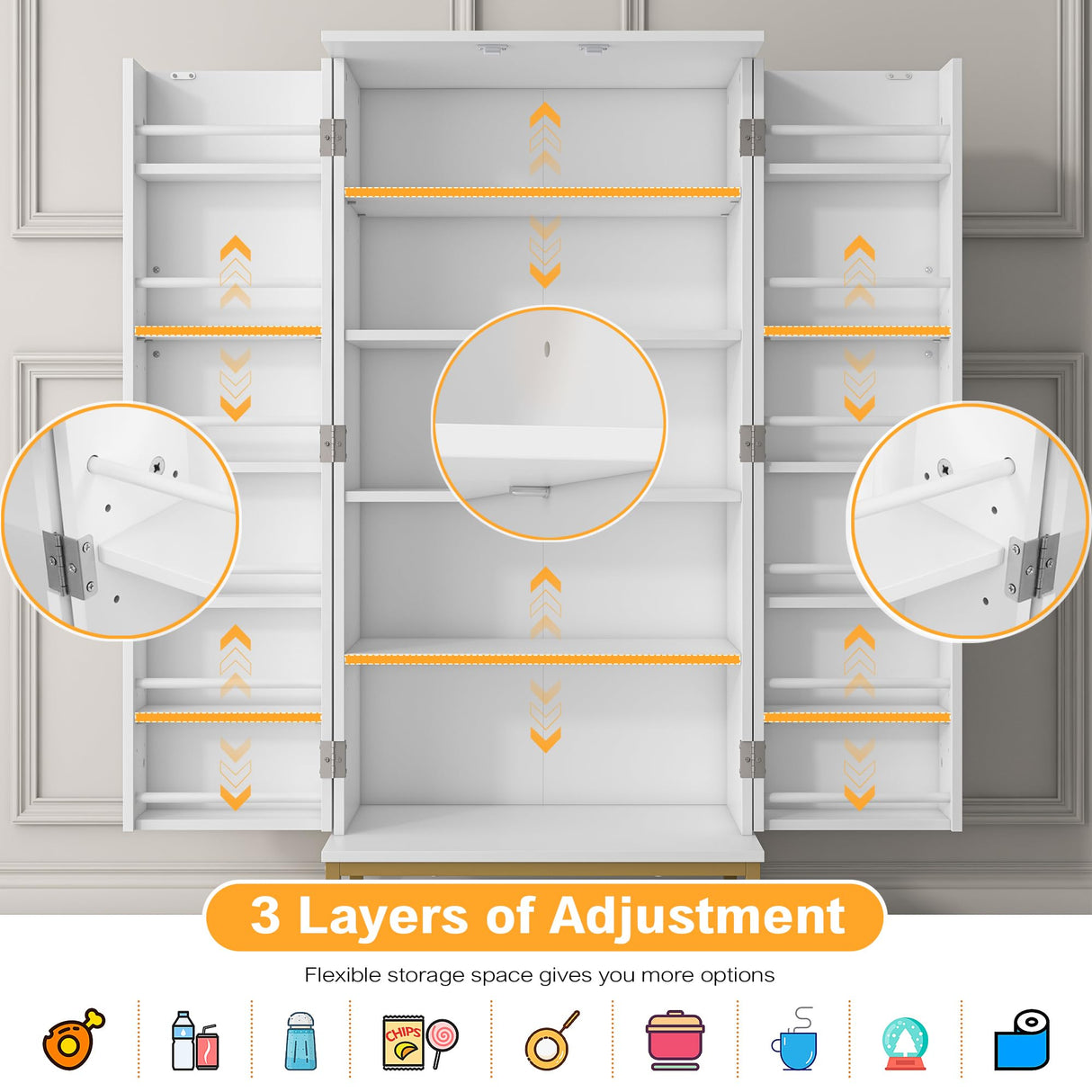 51” Pantry Cabinets, White Freestanding Kitchen Pantry Storage Cabinet with Adjustable