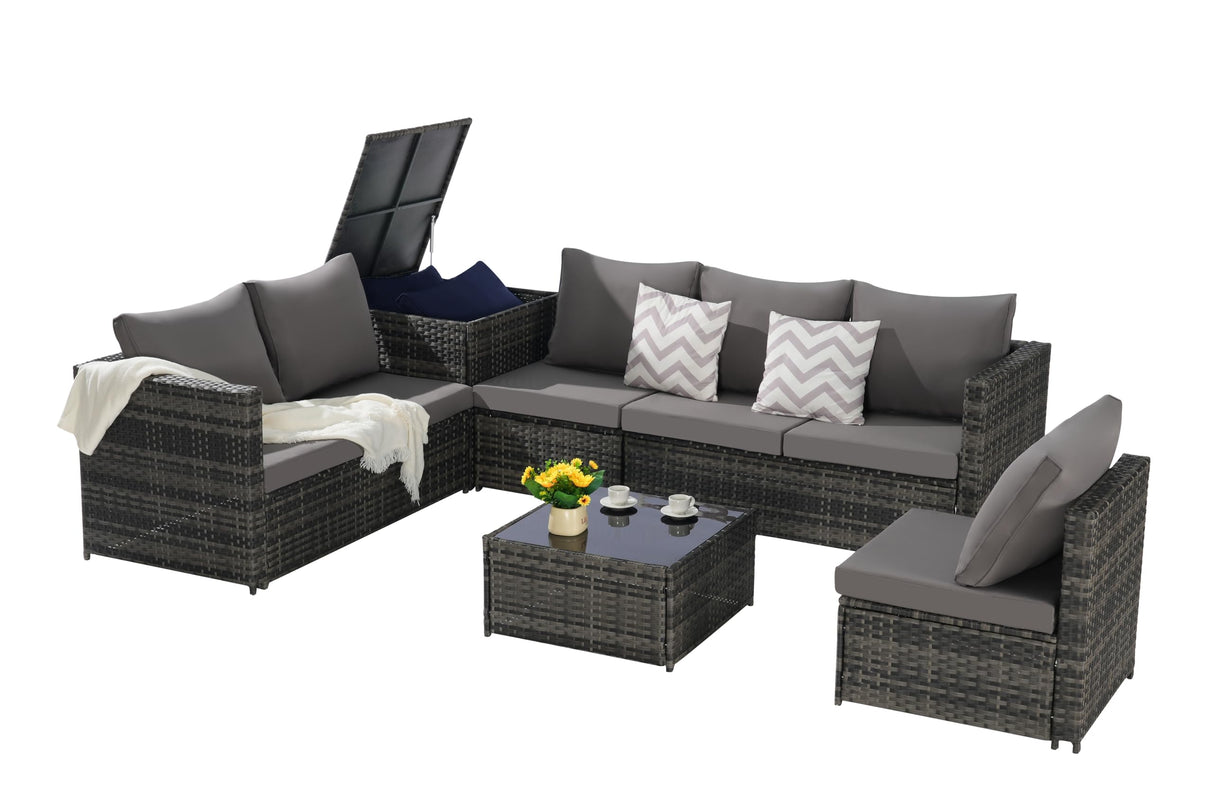 6 Pieces Outdoor Patio Furniture PE Rattan Wicker L Shaped Conversation Modular