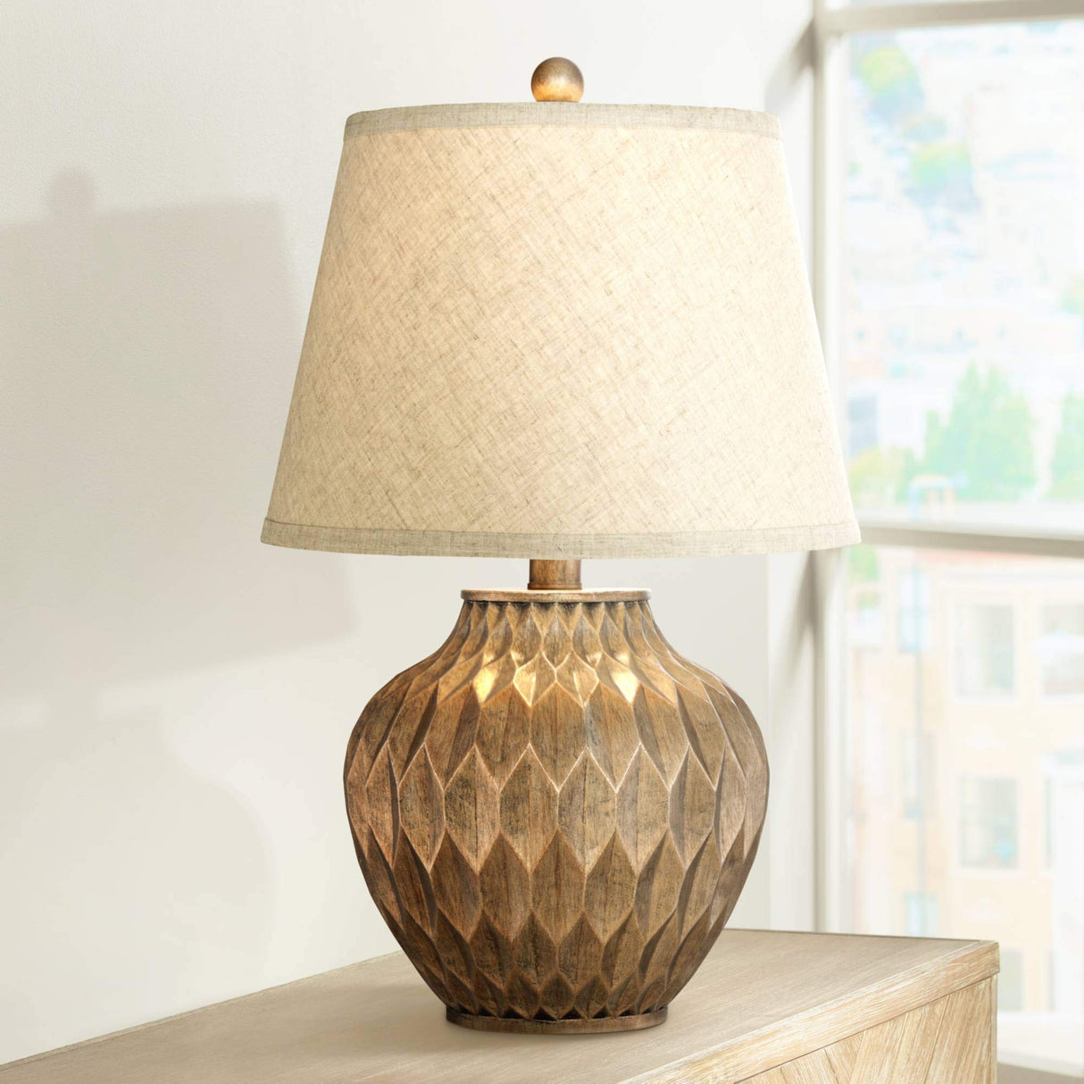 Traditional Style Small Accent Table Lamps 22" High Set of 2 Warm Bronze Geometric