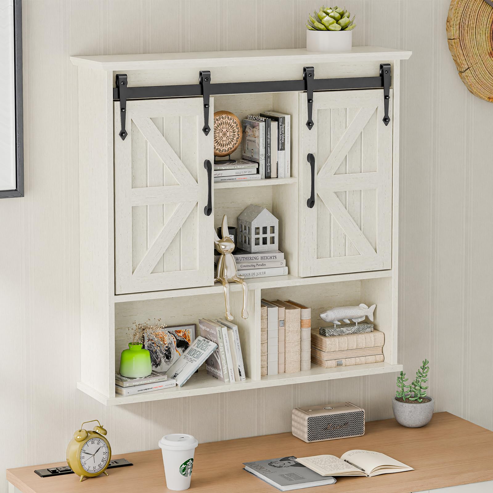 Bathroom Wall Cabinet, Farmhouse Medicine Cabinet with Double Sliding Barn Door and Adjustable Shelves, Wooden Vintage Storage Cabinet Wall Mounted for Bathroom, Kitchen Dining, White