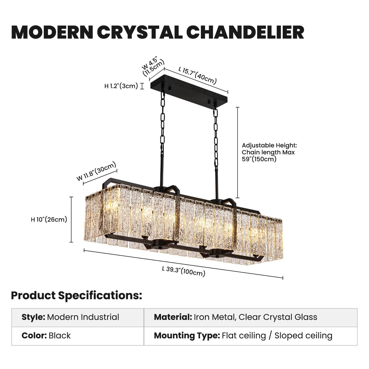 Modern Rectangle Black Crystal Chandeliers for Dining Room, L40 Rectangular Water
