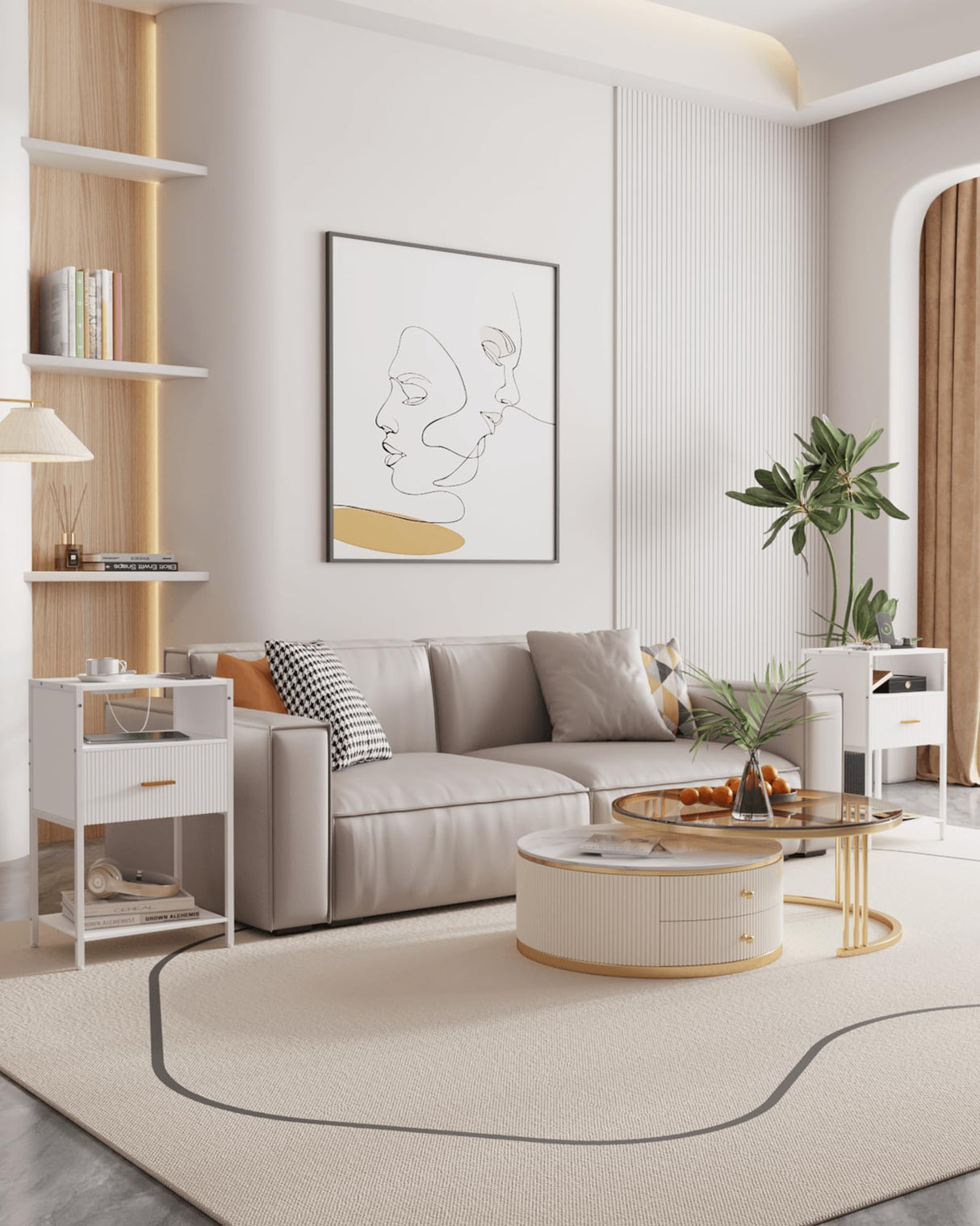 Modern Nightstand with Charging Station, White Side Table with Drawer