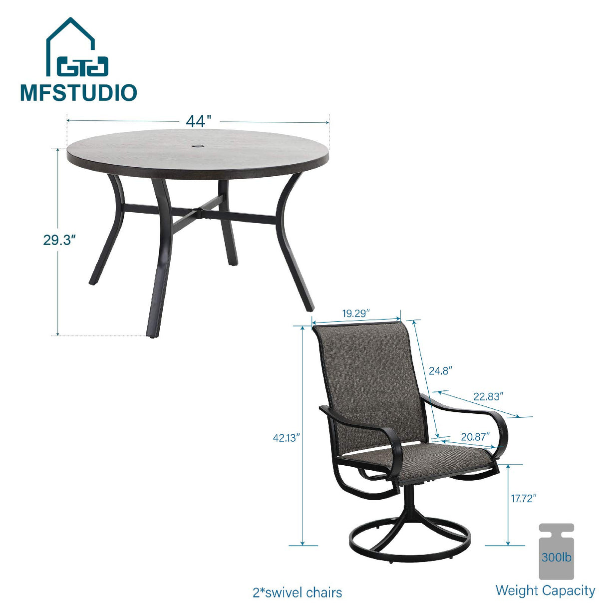 ,4 Sling Dining Swivel Chairs and 48" Round Metal Wood