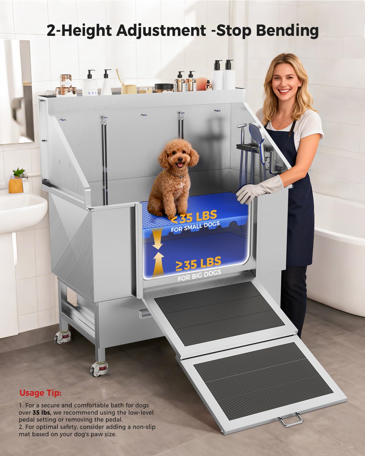 61" Professional Dog Washing Station - Stainless Steel with Ramp & Wheels