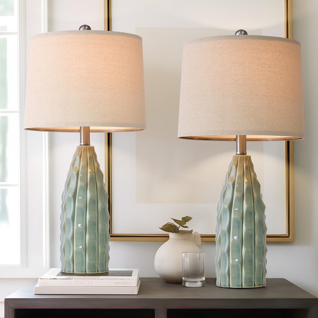 23.75" Modern Green Ceramic Lamps Set of 2 for Living Room Study Room Office Dorm