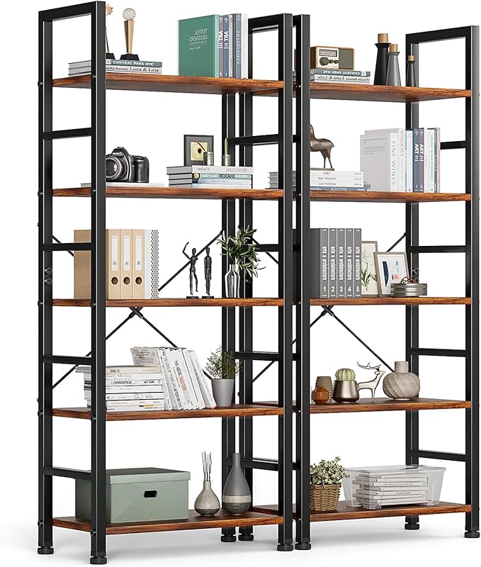 5-Tier Book Shelf Tall Modern Bookcase Set of 2 for Books, CDs, Movies, Storage and