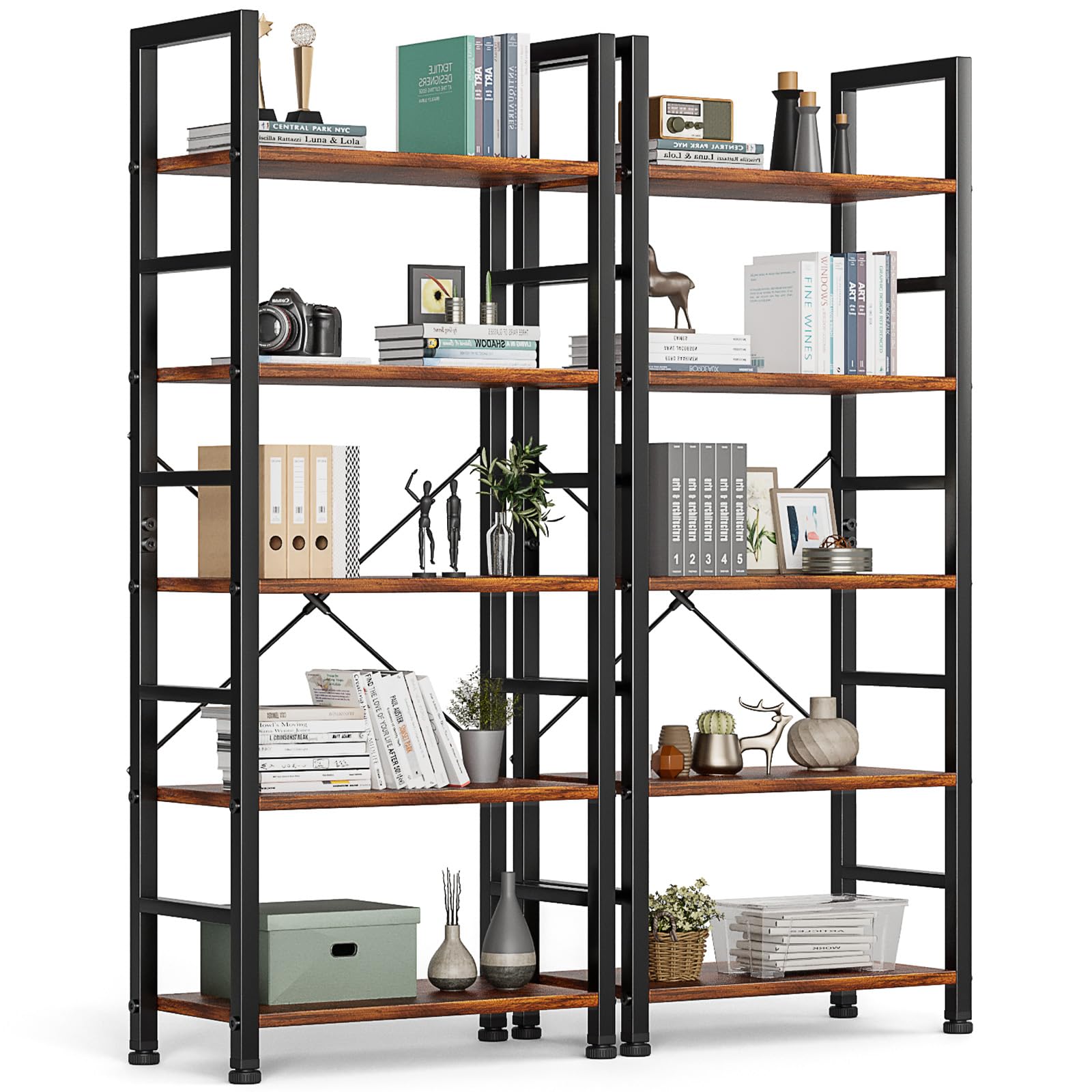 5-Tier Book Shelf Tall Modern Bookcase Set of 2 for Books, CDs, Movies, Storage and